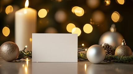 Blank New Year card with holiday ornaments and candle