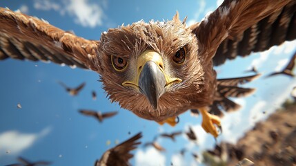 A stunning close-up of a majestic eagle in flight, showcasing its powerful wings and fierce focus. This dynamic scene captures the beauty and energy of wildlife in nature.