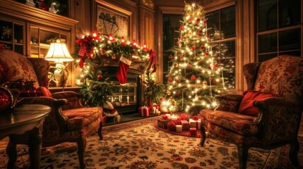 Charming nighttime living room with plush armchairs and a festive christmas tree adorned with lights