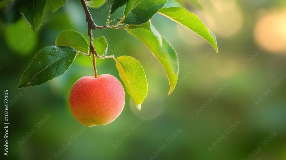 Wall mural A ripe apple hanging from a branch surrounded by green foliage.