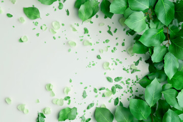 An arrangement of vibrant green leaves elegantly scattered across a pristine white background creates a serene atmosphere, embodying the essence of natures freshness