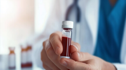 A medical professional carefully holds a test tube containing a blood sample, illustrating the importance of diagnostics and medical research in healthcare.