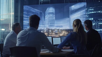 A group of architects and design specialists are sitting in front of a large screen on which the design of the business center of the city is displayed