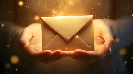 Hands holding golden card envelope with glowing lights
