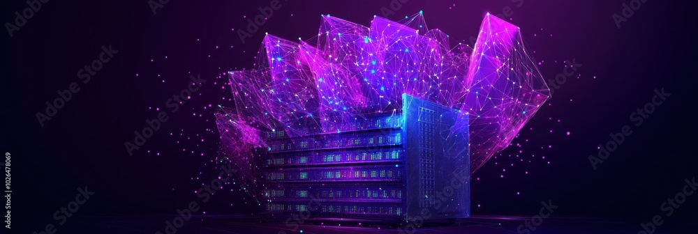 Poster a futuristic digital representation of a building with vibrant, flowing data streams.