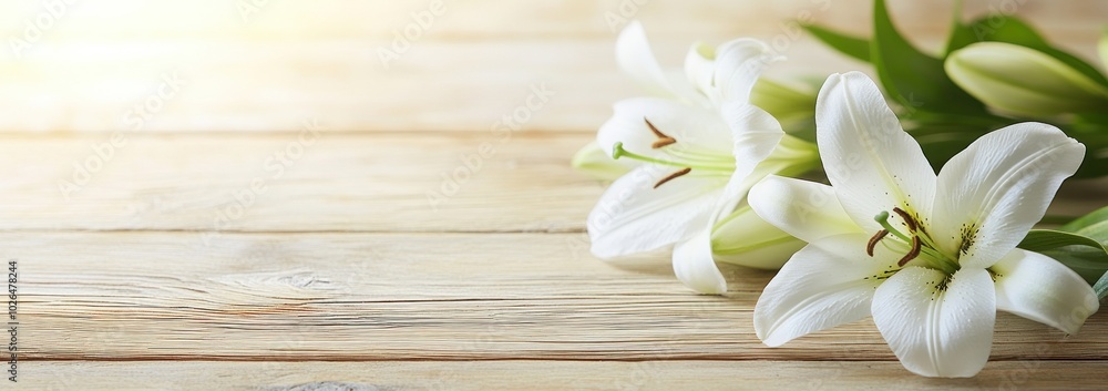 Canvas Prints A serene arrangement of white lilies on a wooden surface, evoking calmness and beauty.