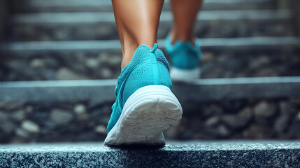 Close-up of a person walking up stone steps in vibrant teal sneakers during a bright day, highlighting dynamic movement and daily exercise