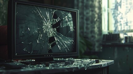 Close up of a shattered monitor with a striking damage pattern and glitchy background effects