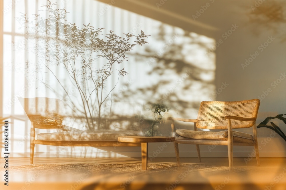 Poster a simple setting with a chair and a table in a room, perfect for use as a placeholder or background 