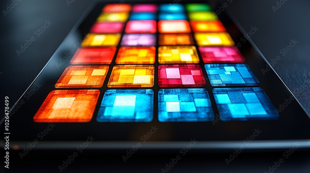 Poster colorful abstract grid of squares illuminated on a sleek black surface showcasing vibrant hues and p