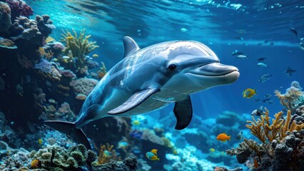 Fototapeta premium A dolphin swimming gracefully through a vibrant coral reef teeming with colorful marine life.
