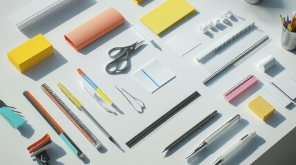 A variety of stationery items are neatly arranged on a white surface, including scissors, pens, rules, and sticky notes. This setup creates a productive atmosphere for work