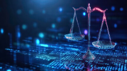 A digital representation of a scale of justice, symbolizing law and justice in the digital age, against a backdrop of a digital network.