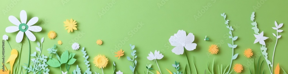 Wall mural A vibrant paper-cut flower garden against a green background, showcasing creativity and nature.