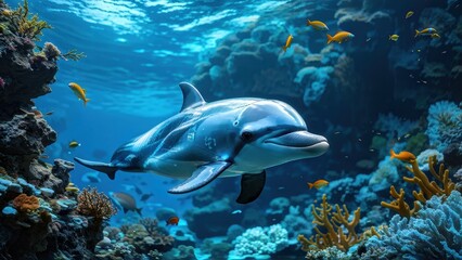 Fototapeta premium A dolphin swims gracefully among colorful coral reefs and tropical fish in a vibrant underwater scene.