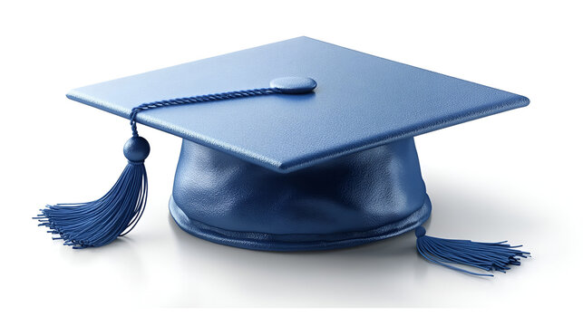 A blue graduation cap with a tassel resting on a clean surface, symbolizing achievement and transition in education