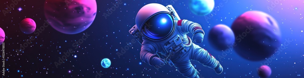 Poster an astronaut floats through a vibrant space scene filled with colorful planets.