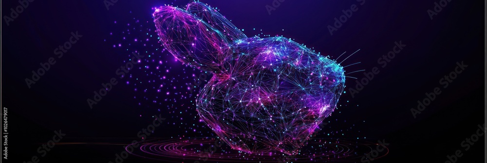 Poster a vibrant, digital representation of a rabbit created with glowing particles.