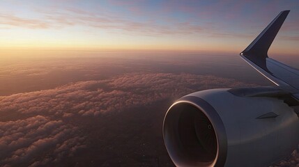 Airplane wing and engine with the sun rising over the clouds from an aerial view.