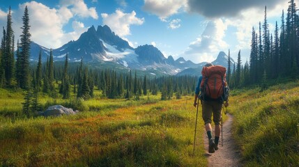 Fototapeta premium A man is walking through a lush green field with a backpack on his back