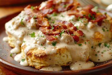 A plate of biscuits smothered in savory gravy and crispy bacon, perfect for breakfast or brunch