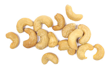 Salted cashews nuts isolated on white background, top view