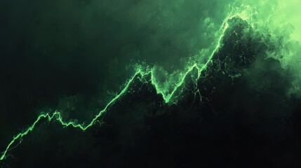 An abstract representation of a stock market surge, with a graph line climbing a steep hill, crafted from green light against a dark canvas.