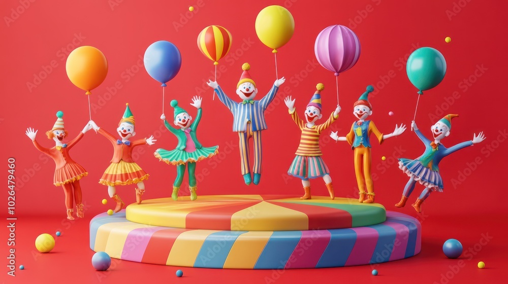 Wall mural Colorful clowns with balloons celebrate joyfully on a vibrant stage.