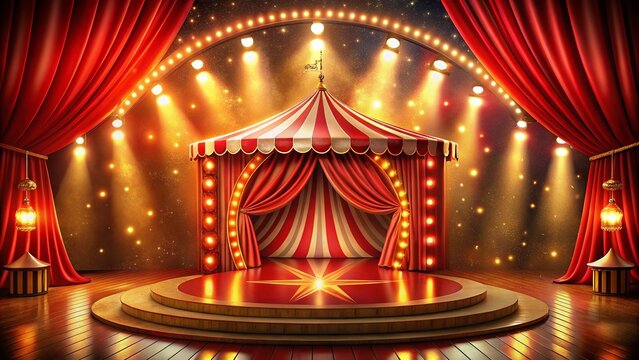 3D Carnival Light Show Curtain Background with Vintage Spotlight for Circus Stage Podium