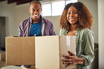 Couple, portrait and moving boxes in new home, love and investment in relax estate property. People, cardboard and relocation for house ownership in Brazil, commitment purchase and packing package