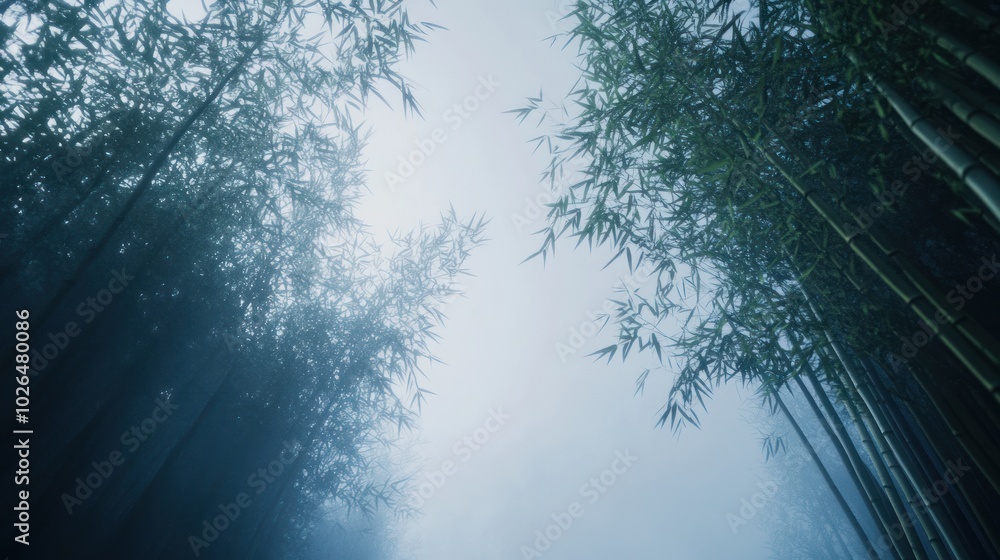 Wall mural A serene view of a bamboo forest shrouded in mist, evoking tranquility and nature's beauty.