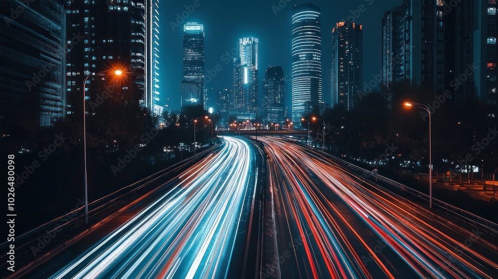 Wall mural Night cityscape with light trails from traffic and skyscrapers in the background.