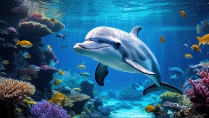Fototapeta premium A dolphin swimming in a vibrant coral reef, showcasing marine life and underwater beauty.