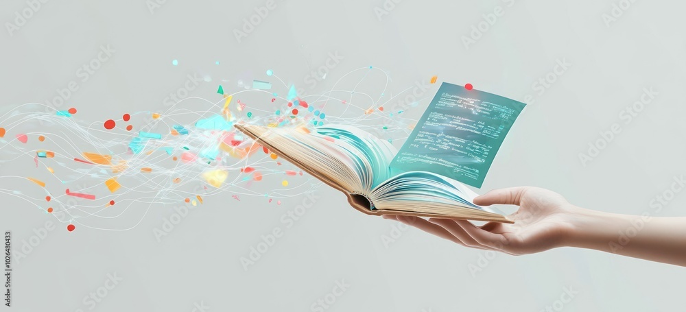 Poster a hand holds an open book with colorful, abstract elements floating around it.