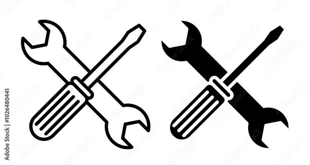 Poster spanner & screwdriver icons set in solid and thin line style