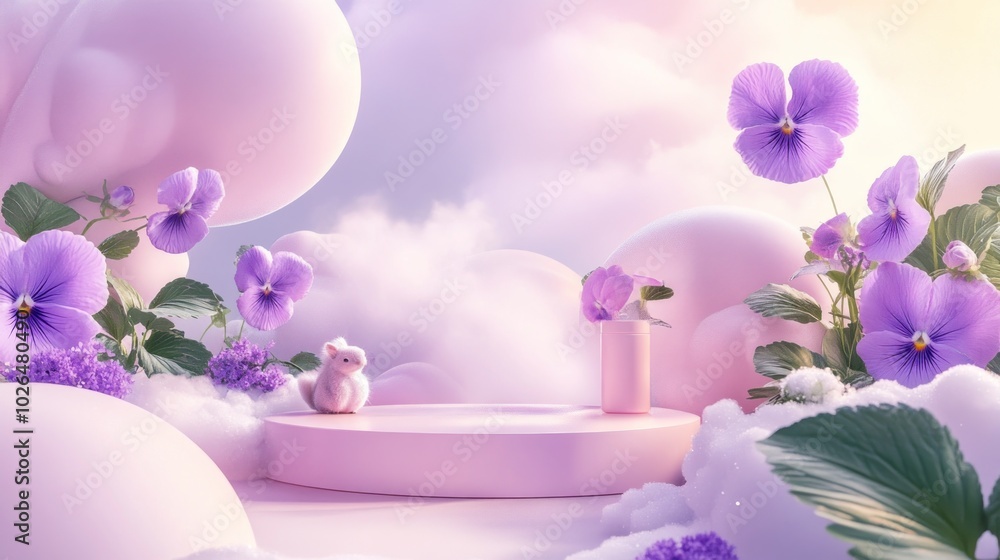 Canvas Prints A serene pastel scene featuring flowers, soft clouds, and a cute bunny.