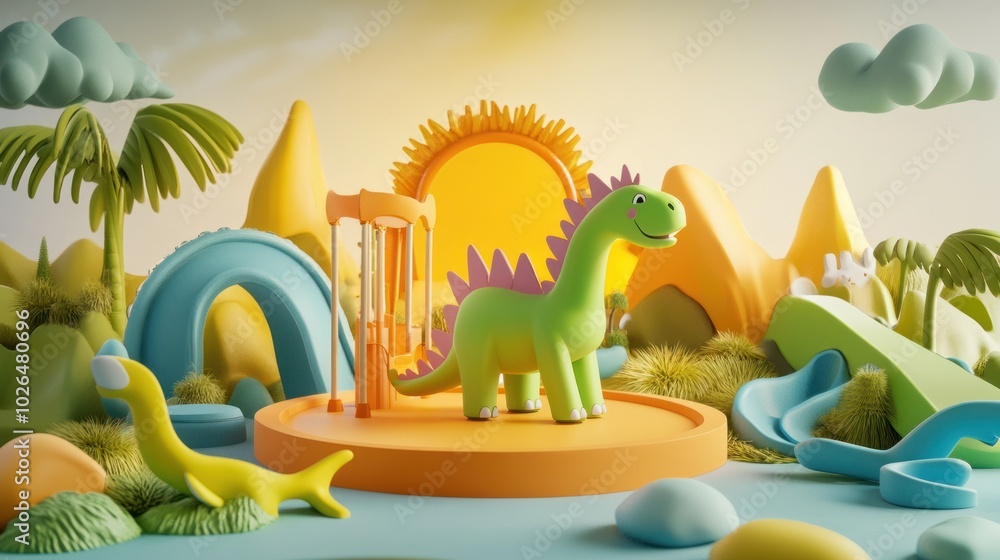 Wall mural A colorful, playful dinosaur toy in a whimsical landscape with hills and clouds.