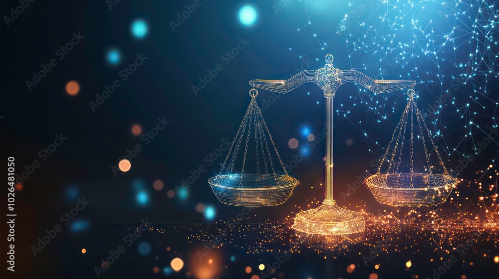 Poster abstract digital scales of justice on a dark background with bokeh.