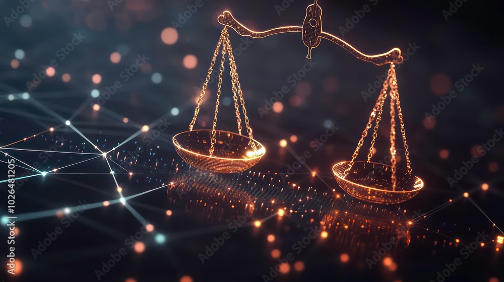 Aufkleber a golden scale of justice with glowing points of light on a black background with a network pattern.