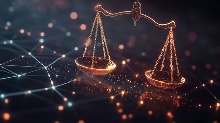A golden scale of justice with glowing points of light on a black background with a network pattern.