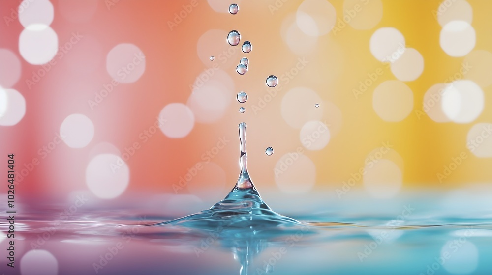 Poster Vibrant Gradient Droplets Splashing on Reflective Water Surface - Dynamic Studio Shot with Sharp Focus and Modern Design Elements