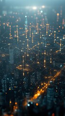 Fototapeta premium Aerial view of a futuristic city with data connections.