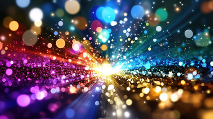 Obraz premium A vibrant, abstract background filled with colorful bokeh, glitter, and glowing light bursts, creating a festive and magical atmosphere. Perfect for celebrations and artistic inspiration.