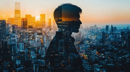 Business person silhouette overlaid on modern cityscape in a double exposure image.
