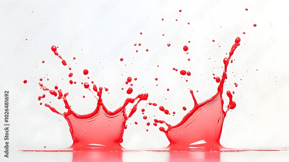 Poster dynamic red droplets splashing over reflective surfaces - liquid art in motion with bold contrast an