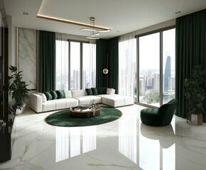 Fototapeta premium Modern living room with emerald accents in furniture and decor
