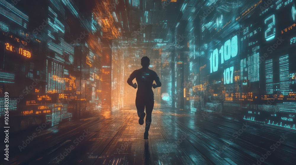 Aufkleber a silhouette of a runner in a futuristic digital tunnel with glowing data streams.
