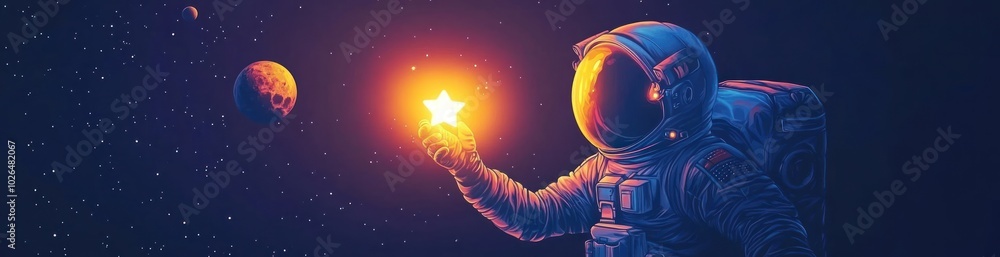 Wall mural an astronaut holds a glowing star in space, surrounded by planets and stars.