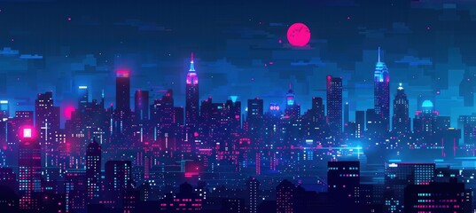 Fototapeta premium Retro Futuristic Pixel Art Cityscape with Neon Lights for Tech Ads and Nightlife Promotions