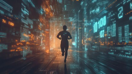 A silhouette of a runner in a futuristic digital tunnel with glowing data streams.